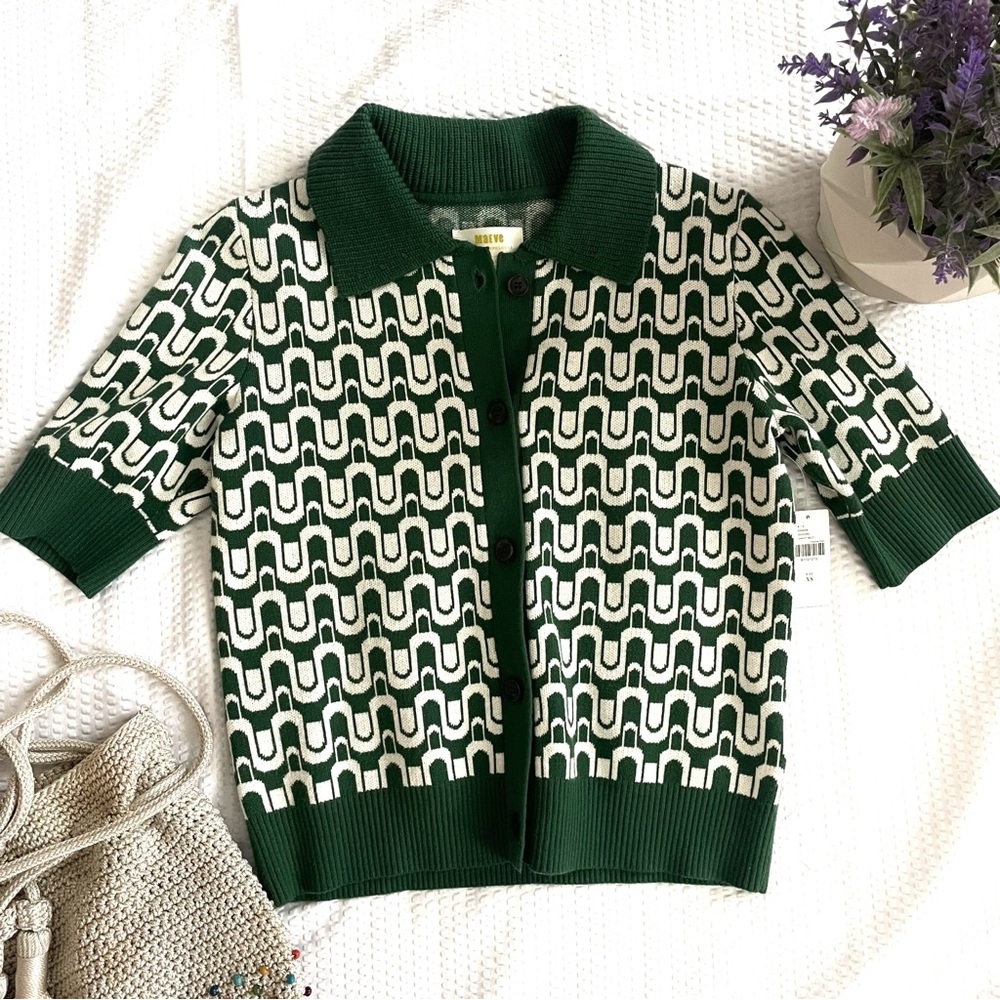 Anthropologie Maeve Green and White Geometric Knit Polo